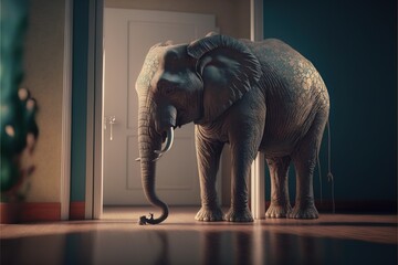  an elephant standing in a room with a door open and a door handle in the middle of the floor and a door in the background.  generative ai