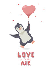 Cute cartoon falling in love penguin for Valentine greeting card. Vector character with an air balloon in the form of a heart which flies into the sky.