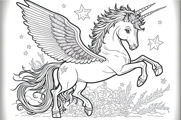 Cute pegasus unicorn with wings coloring book. Monochrome mythical horse with horn and wings.