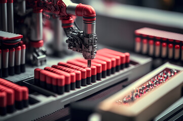 Cosmetics factory lipstick with robot arm. Concept makeup care plant production line. Generation AI