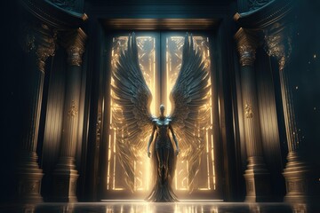 "Angelic Guardian of the Golden Gate : A Monument to the Divine Kingdom of Heaven" - Digital art of the angel guarding the golden gates of Heaven. Generative AI.
