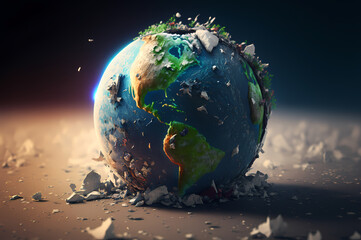 Obraz na płótnie Canvas Concept plastic pollution Earth. Eco environmental problem, planet in different trash human waste, blur background banner. Generation AI