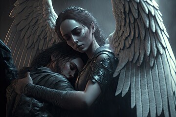 "The Guardian Angel" - Digital art of a guardian angel protecting a woman. Generative AI.