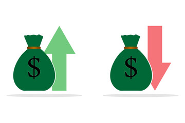 Money up and money down vector illustration. Decrease and increase of income. Investing and trading concept. Financial and bussines concept. The financial deals and success