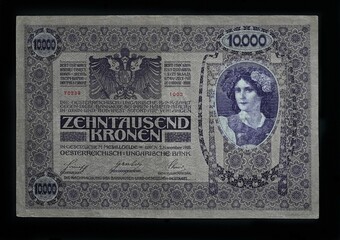 10000 Kronen Austro-Hungarian banknote 2 November 1918. Austro-Hungarian banknote Austrian side.