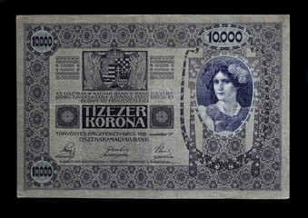 10000 Korona Austro-Hungarian banknote 2 November 1918. Austro-Hungarian banknote Hungarian side.
