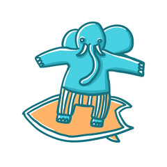 Elephant surfer. Surfing. Vector illustrations in cartoon flat style isolated on white background.