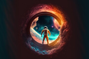  a man in a space suit standing in a hole in the sky with a planet in the background and clouds in the foreground, with a bright blue and orange hued sky.  generative ai