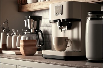  a coffee maker sitting on top of a counter next to a cup of coffee and a coffee pot on a counter top next to a coffee maker.  generative ai - obrazy, fototapety, plakaty