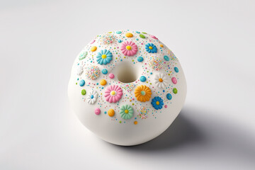 White milky cream donut decorate with colorful flower fondant on white background with generative ai technology