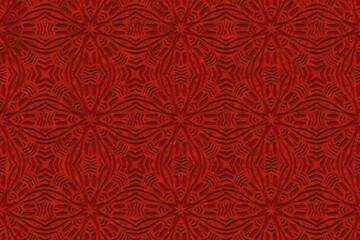 Embossed red background, ethnic cover design. Geometric 3D pattern, press paper. Boho style, art deco, vintage. Tribal original prints of the peoples of the East, Asia, India, Mexico, Aztecs, Peru.