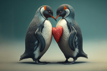  two penguins with hearts in their beaks on a blue background with a blue background and a blue background with a blue border and a blue border.  generative ai