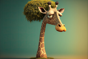  a giraffe with a tree on its head and a blue background with a green background and a blue sky with a few clouds.  generative ai