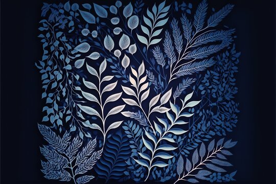 a painting of blue leaves and branches on a black background with a blue background and a black background with a blue border and a white border.  generative ai