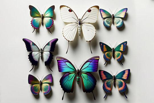  a group of butterflies sitting on top of a white surface with a blue border around them and a green border around them, all of which are different colors.  generative ai