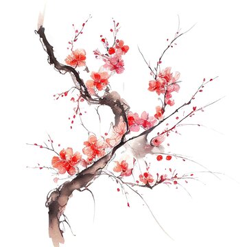 Cherry blossom sakura branch isolated on white background. Generative ai.