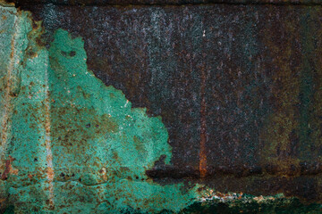 Green painted textured rusty aged metal background. Industrial Background. Old rough rusty painted wall surface.