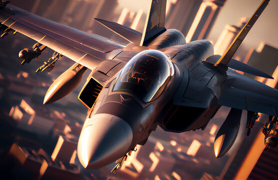 close-up of a fighter jet flying over a city, generative ai