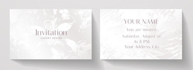 Invitation card with white orchid flowers design. Floral horizontal vector template for wedding invite, Gift card, voucher, gift certificate