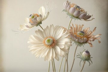  a group of flowers with a white background and a light brown background with a light green center and a light brown center with a few white flowers.  generative ai
