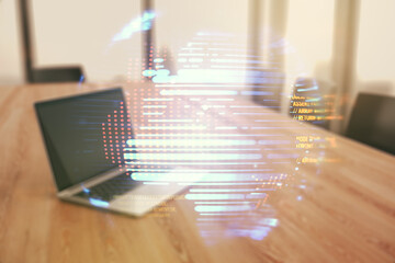 Multi exposure of abstract programming language hologram with world map on computer background, artificial intelligence and neural networks concept