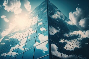  a tall building with a sky background and clouds in the background and a sunbeam in the middle of the building and a blue sky with clouds.  generative ai
