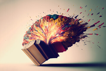 a book with a exploding head on top of it, with a book on its back and a book on its side, with a light background.  generative ai