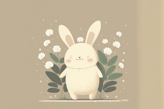  a cute little bunny with a flowery bush in the background that says hasslef? on the front of a card with a picture of a bunny.  generative ai