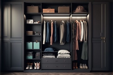 Obraz na płótnie Canvas a closet with a lot of clothes and shoes on it and a hat on top of it and a suitcase on the floor next to it. generative ai