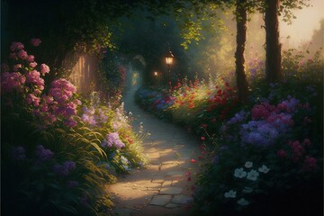  a painting of a pathway leading to a light house in a garden with flowers and trees on either side of the path is a lantern light.  generative ai