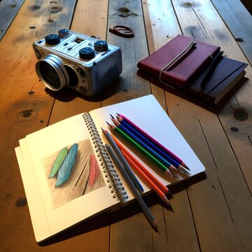 a camera, notebook, pencils, and a camera on a wooden table with a book and pencils on it and a camera.  generative ai