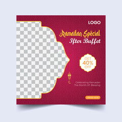 Ramadan Buffet Iftar Social Media Post Banner. Ramadan Theme Food Delivery Square Banner with Lantern.