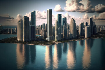 Fototapeta na wymiar a city with a lot of tall buildings on it's sides and a body of water in front of it with clouds in the sky. generative ai
