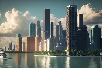  a boat is in the water near a city with tall buildings and a cloudy sky above it, with a boat in the water in front of the picture.  generative ai