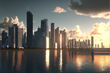  a city skyline with a body of water in front of it and clouds in the sky above it and a body of water in the foreground.  generative ai