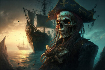 A pirate with a skull on his chest and a ship in the background - obrazy, fototapety, plakaty