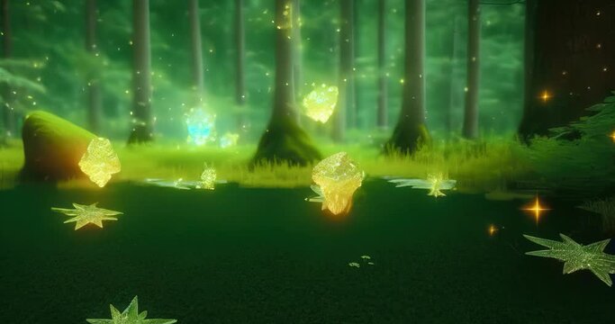 beautiful lush ethereal magic mana ireland forest with dazzling stars, fairies, and fireflies. bokeh animation mystical