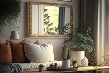  a living room with a couch, mirror and potted plants on the table in front of it and a window with a curtain behind it.  generative ai