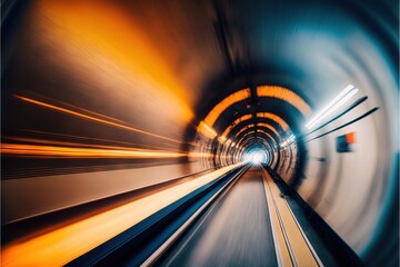 a tunnel with a train moving through it's center and a yellow light at the end of the tunnel is a blurry photo.  generative ai