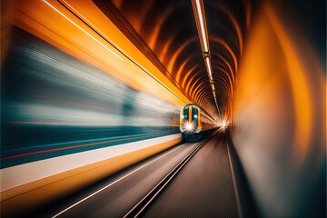  a train traveling through a tunnel with lights on it's sides and a train on the other side of the tunnel, with a blurry image of the train.  generative ai