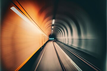  a train traveling through a tunnel with a long train track in the foreground and a train on the right side of the tunnel, with a blurry background.  generative ai