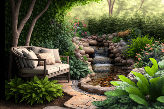  a painting of a garden with a bench and a waterfall in the middle of it and a pond in the middle of the garden with rocks and a bench on the side.  generative ai