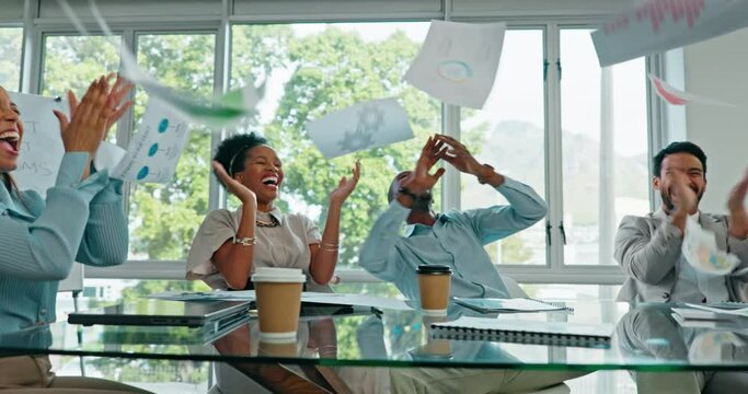 Meeting, applause and business people throwing paper in air, celebration of project success, achievement profit growth. Teamwork, investment and diversity in winning target goals in startup office.