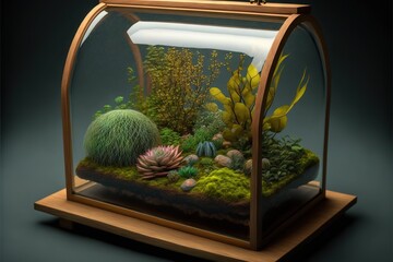  a glass case with plants and rocks inside of it on a wooden stand on a black background with a black background behind it is a green plant.  generative ai