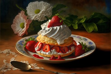  a painting of a strawberry shortcake with whipped cream and strawberries on a plate with a spoon and flowers in the background and a lace doily cloth.  generative ai