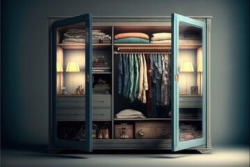  a closet with a bed and a suitcase in it and a lamp on the side of the closet and a bed in the middle of the closet.  generative ai