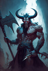 a painting of a demon holding a large axe, concept art, art illustration 