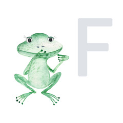 Letter F, frog, cute kids colorful animals ABC alphabet. Watercolor illustration isolated on white background.
