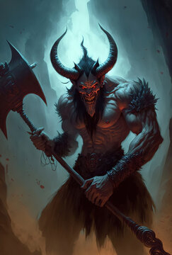 a painting of a demon holding a large axe, concept art, art illustration 