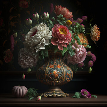 bunch of flowers in vase, dahlia, tulips, roses, dark wooden background, art illustration 
